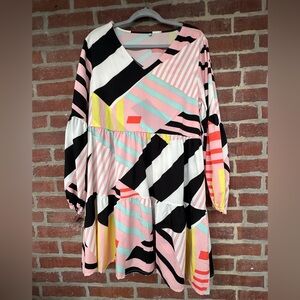 Geometric Print Babydoll Dress in Pastel Pink & Black